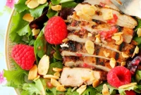 Raspberry Grilled Chicken Salad with Candied Cayenne Almonds