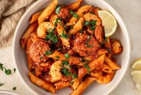 Spicy Chorizo and Prawn Pasta with Garlic Tomato Sauce