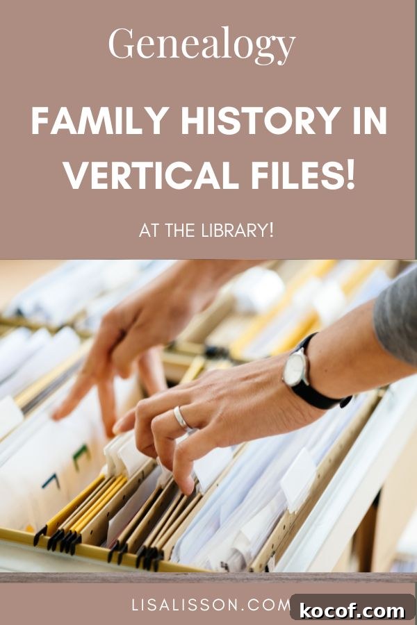 Hands going through files in a cabinet. Brown box reading Genealogy Family history in vertical files.