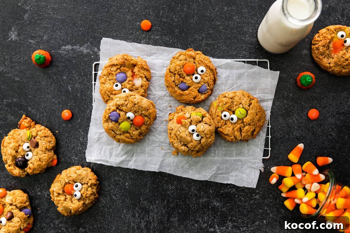 Spooky Halloween Monster Cookie Recipe for Party Treats 14 Baked halloween monster cookies on cooling rack.