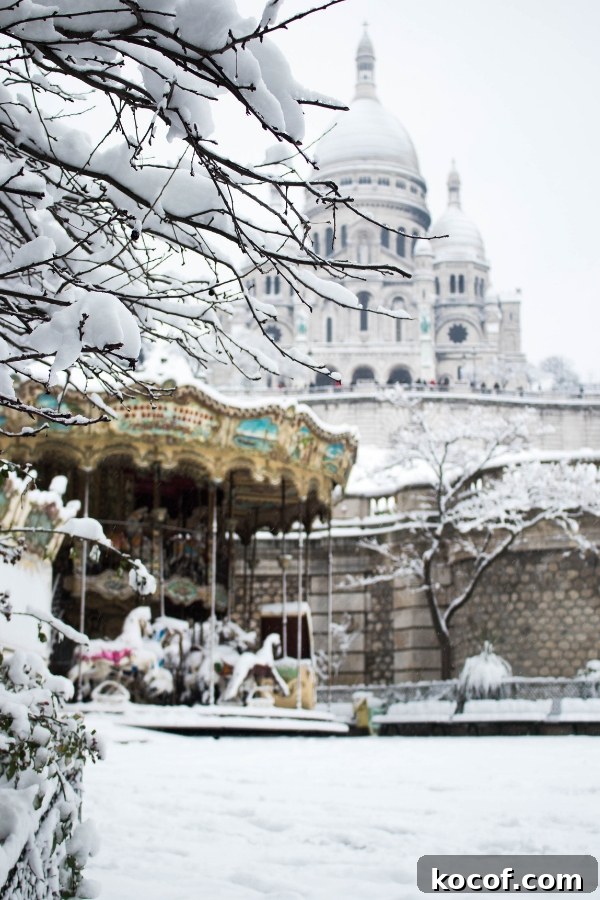 The Sacre Coeur and the Montmartre carrousel under the snow