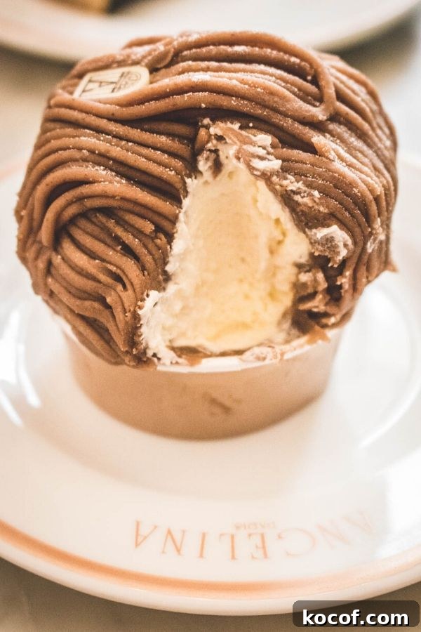 close up of a Mont Blanc pastry in Paris