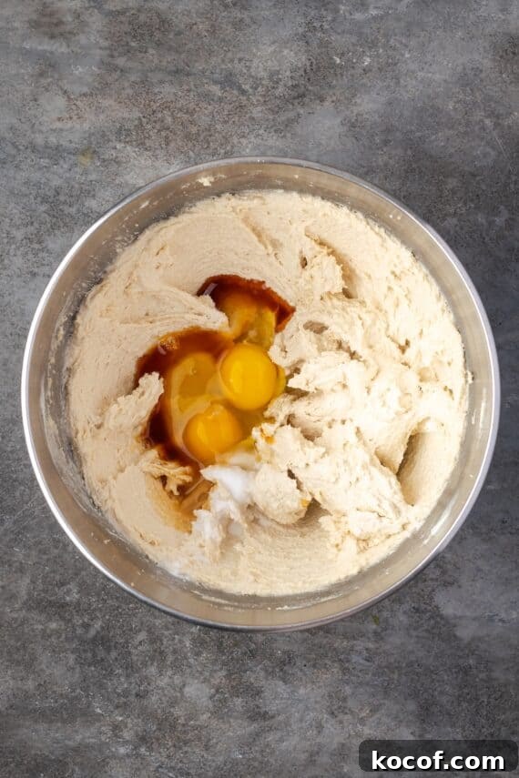 Mix the butter, sugar, and eggs. Eggs and vanilla added to wet cookie dough ingredients in a bowl.