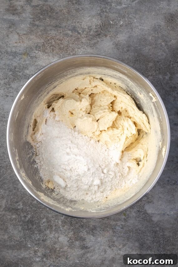 Add the dry ingredients. Dry ingredients added to wet cookie dough ingredients in a bowl.