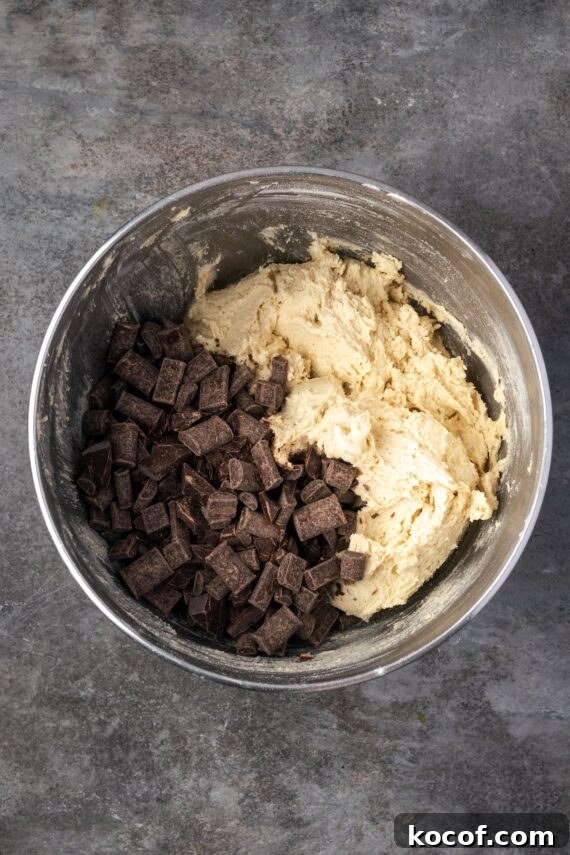 Fold in the chocolate. Chocolate chips added to cookie dough in a mixing bowl.