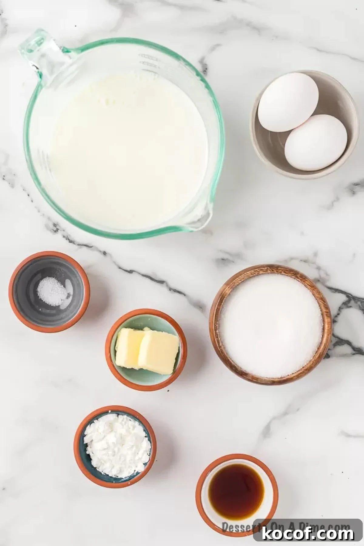 Ingredients needed - sugar, cornstarch, salt, milk, butter, egg, vanilla extract