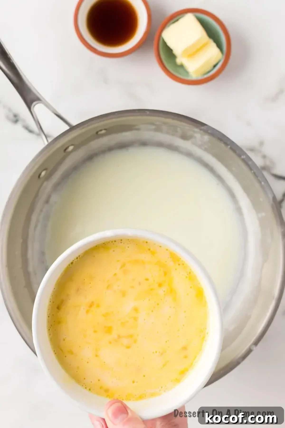 Egg mixture whisked back into saucepan. 