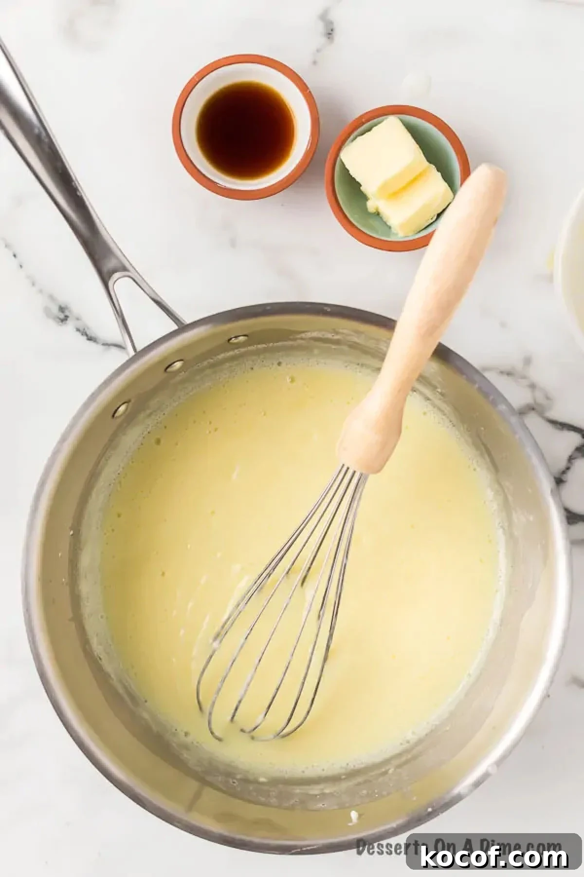 Mixture boiling in pan. 