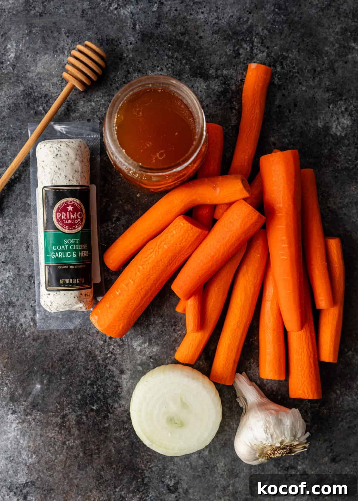 Roasted Carrot and Goat Cheese Dip Recipe for Entertaining 3 overhead: ingredients to make goat cheese dip recipe