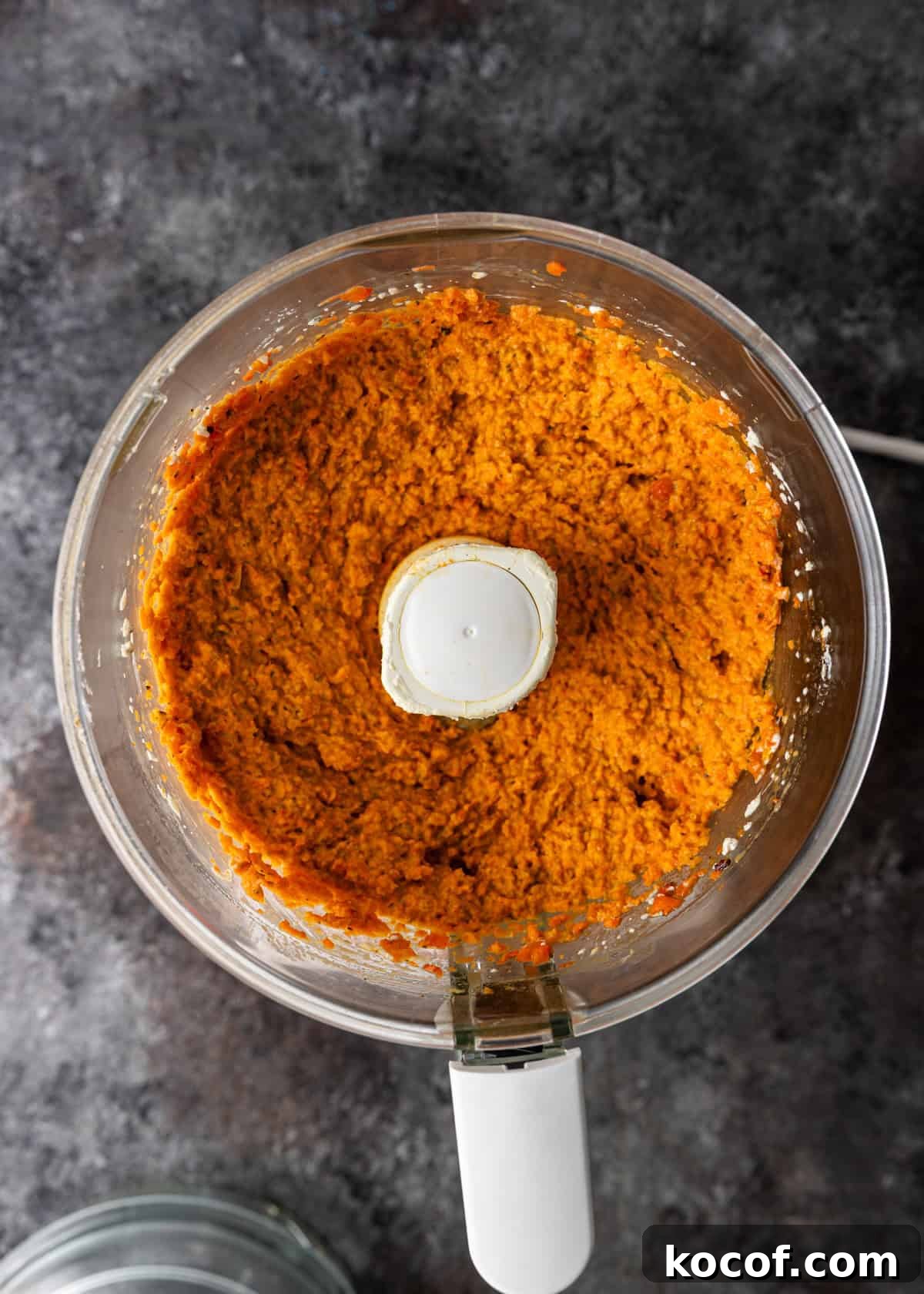 Roasted Carrot and Goat Cheese Dip Recipe for Entertaining 7 overhead process shot: blended ingredients in food processor