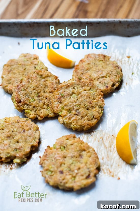 Healthy Baked Tuna Patties Recipe that's Easy Paleo Tuna Patties Recipe @eatbetterrecipes Healthy Baked Tuna Patties on a baking sheet
