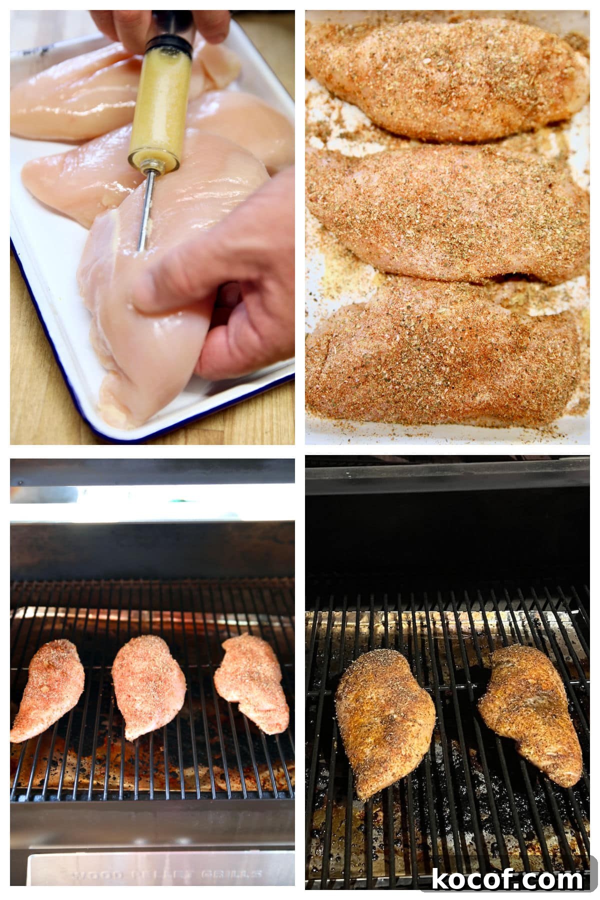 How to grill Italian chicken breasts on a pellet grill. Collage of chicken breasts: injecting with butter, with rub, grilling.