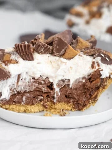 chocolate peanut butter cup pudding pie on a white plate.