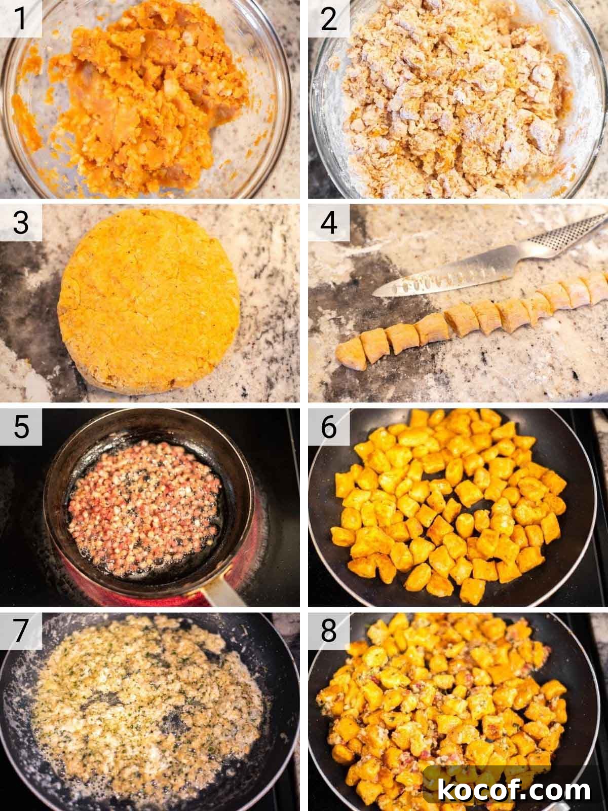 Process shots of how to make gnocchi with pumpkin.