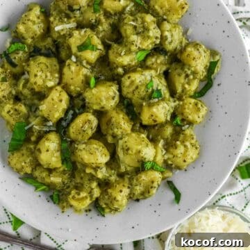 Overhead shot of pesto gnocchi.