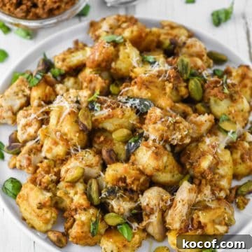 Gnocchi with pesto on white plate.