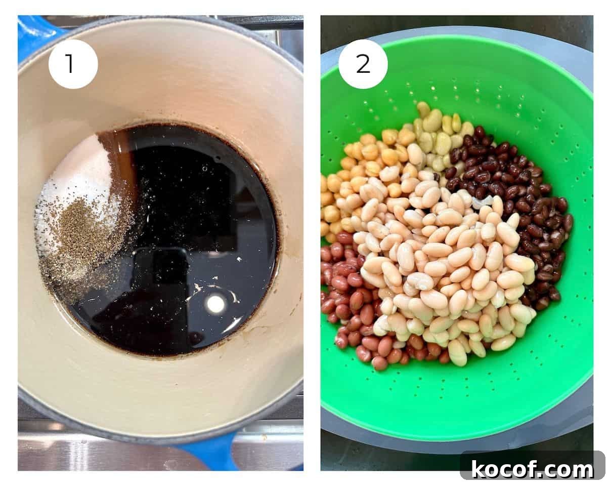 A saucepan with balsamic vinegar, sugar and spices on the stove, next to a photo of the beans draining in a strainer over the sink.