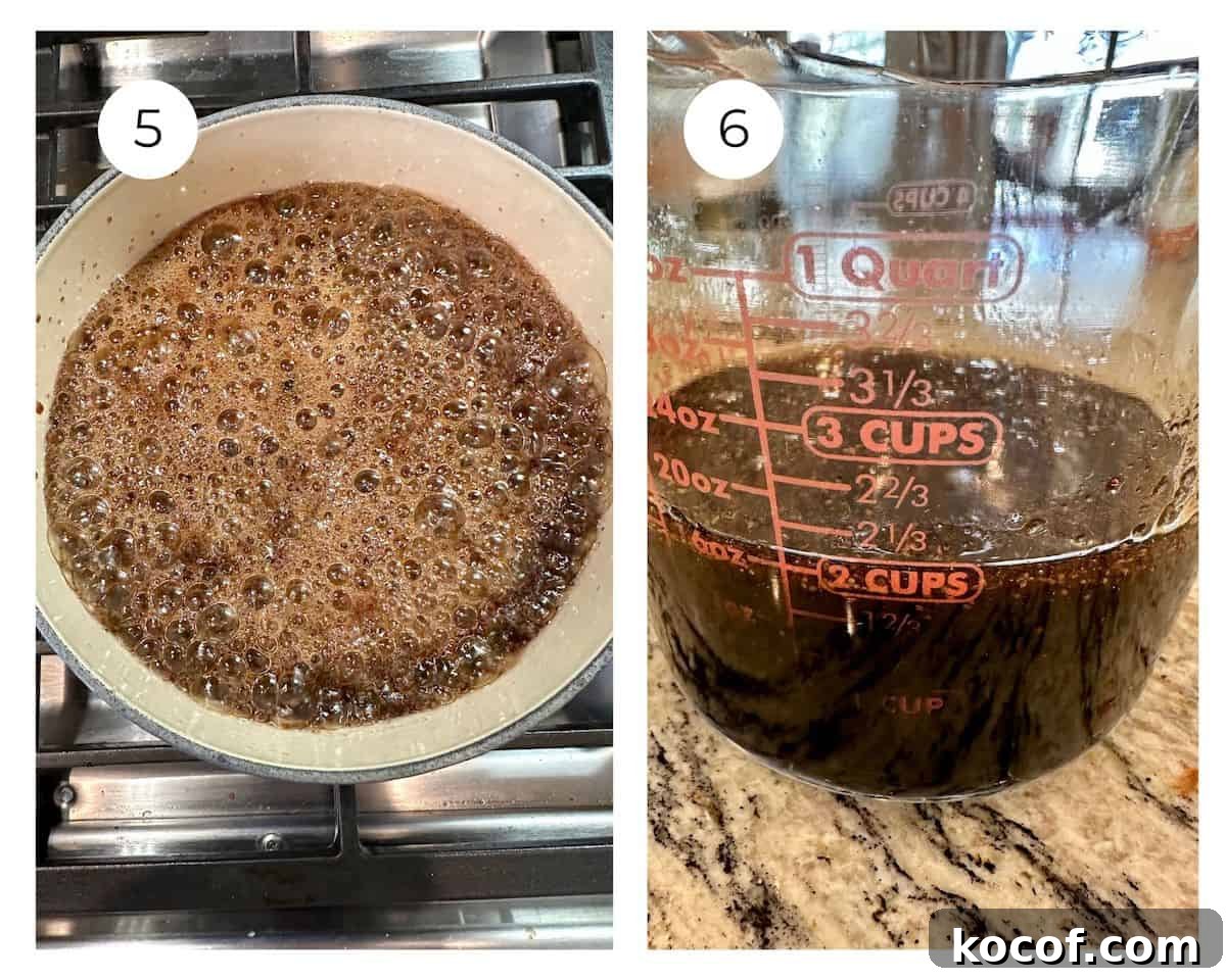 Balsamic sauce in a saucepan on the stove with bubbles on top, next to a photo with the sauce in a measuring cup.