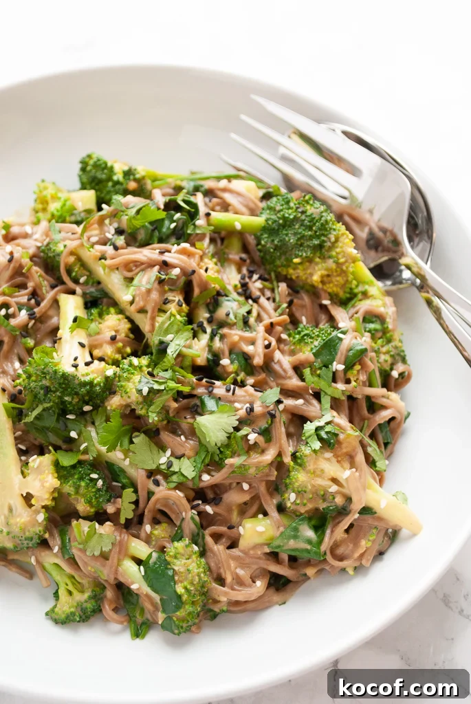 A serving bowl filled with soba noodles tossed with peanut sauce, steamed broccoli and spinach.
