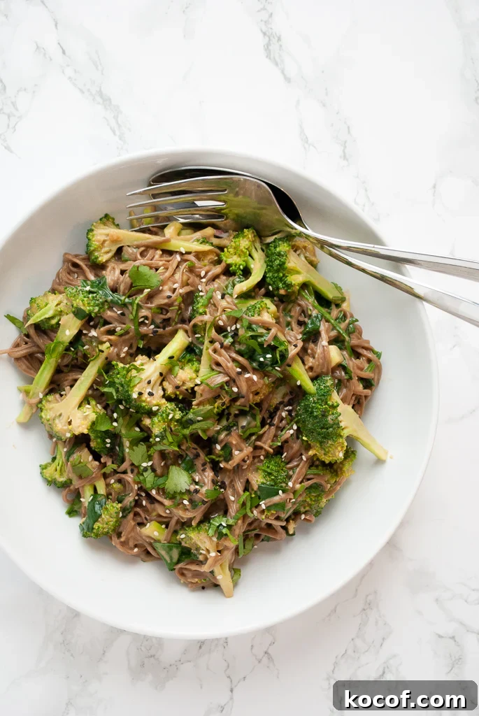 A serving bowl filled with broccoli peanut soba noodles.