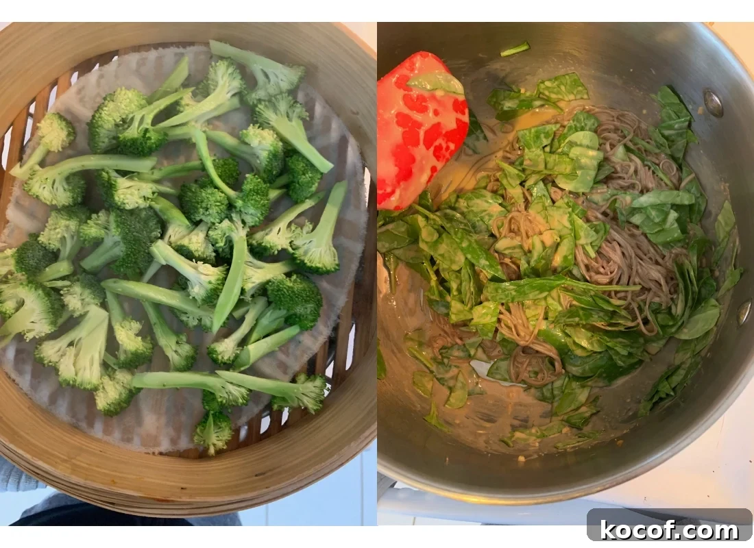 A photo collage of broccoli in a steamer basket and mixing spinach and sauce into soba noodles.