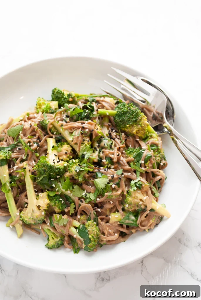 A serving bowl on a table with broccoli peanut soba noodles.