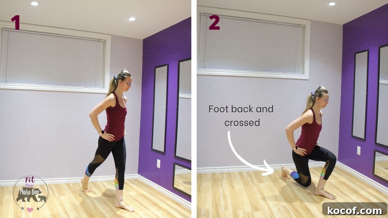 Two images of a woman in maroon shirt and black pants performing a curtsy lunge with text with pointers