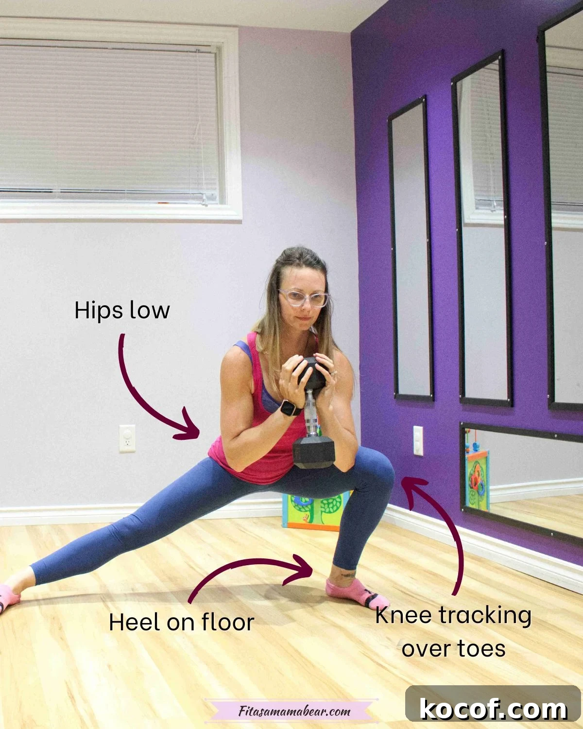 woman in pink shirt and blue pants holding a dumbbell at chest height and performing a side lunge with arrows and text on how to perform the exercise.