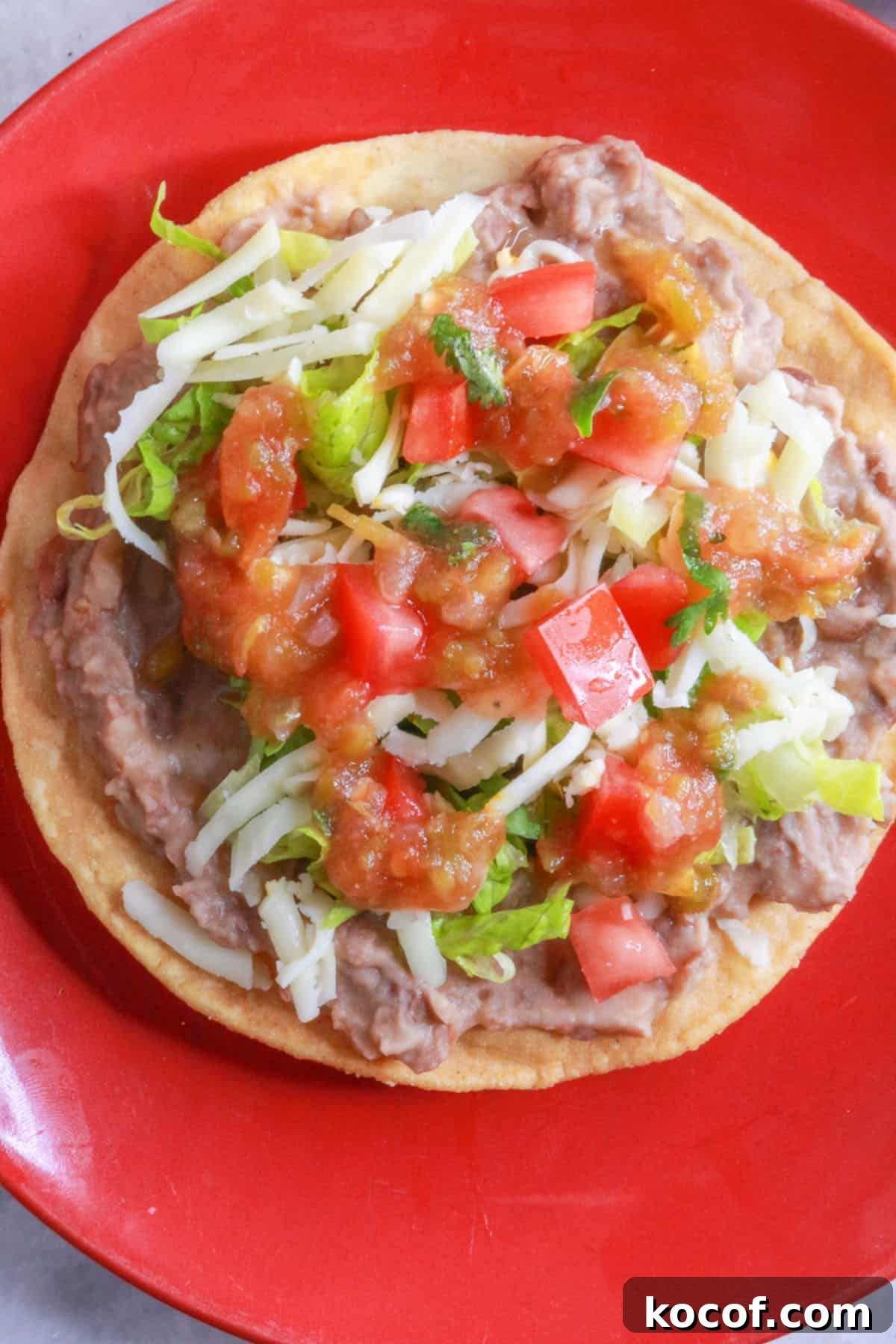 Refried Bean Tostadas with Crispy Tortillas and Fresh Salsa 9 A bean tostada with lettuce, cheese, tomatoes and salsa