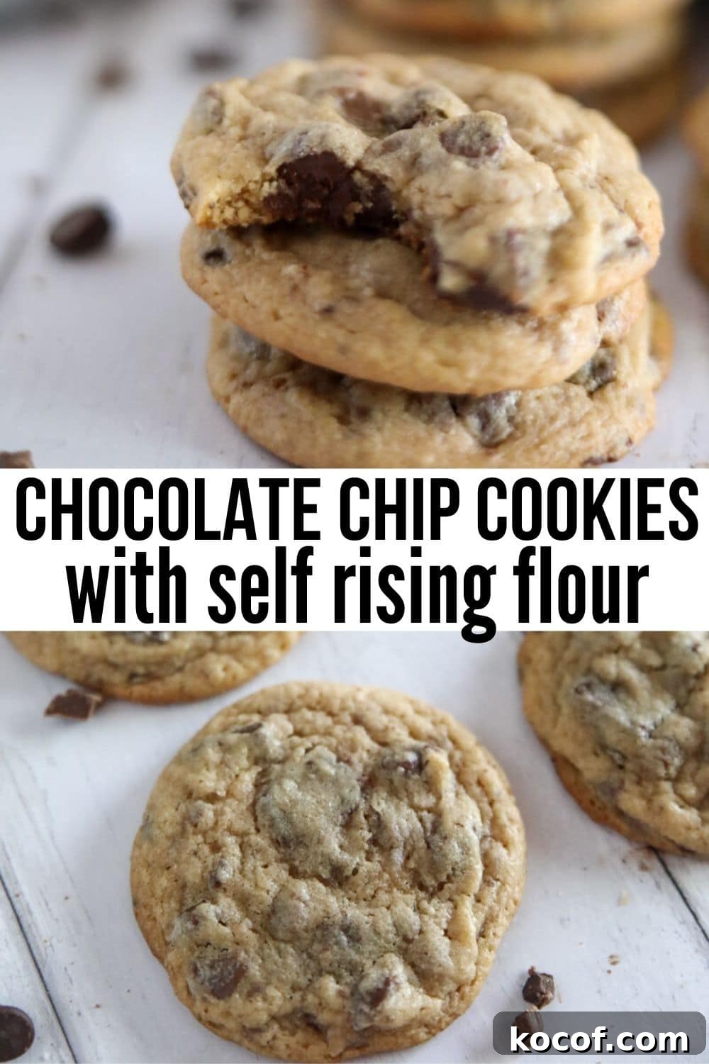 collage of chocolate chip cookies one image has a close up of cookies stacked on top of each other then a text banner then an overview of the cookies on the counter