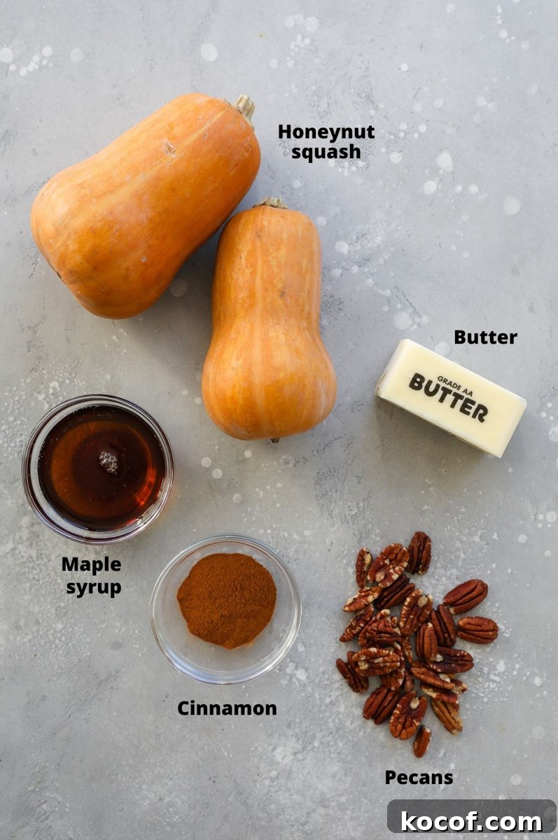 Ingredients ued to make hasselback honeynut squash with cinnamon maple pecan sauce