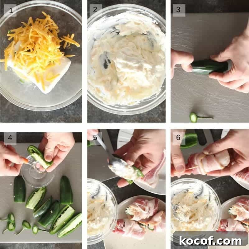 Bacon-Wrapped Jalapeño Poppers: Baked or Grilled Recipes 4 Six Image collage showing how to mix cream cheese cutting jalapeno stuffing it and wrapping in bacon