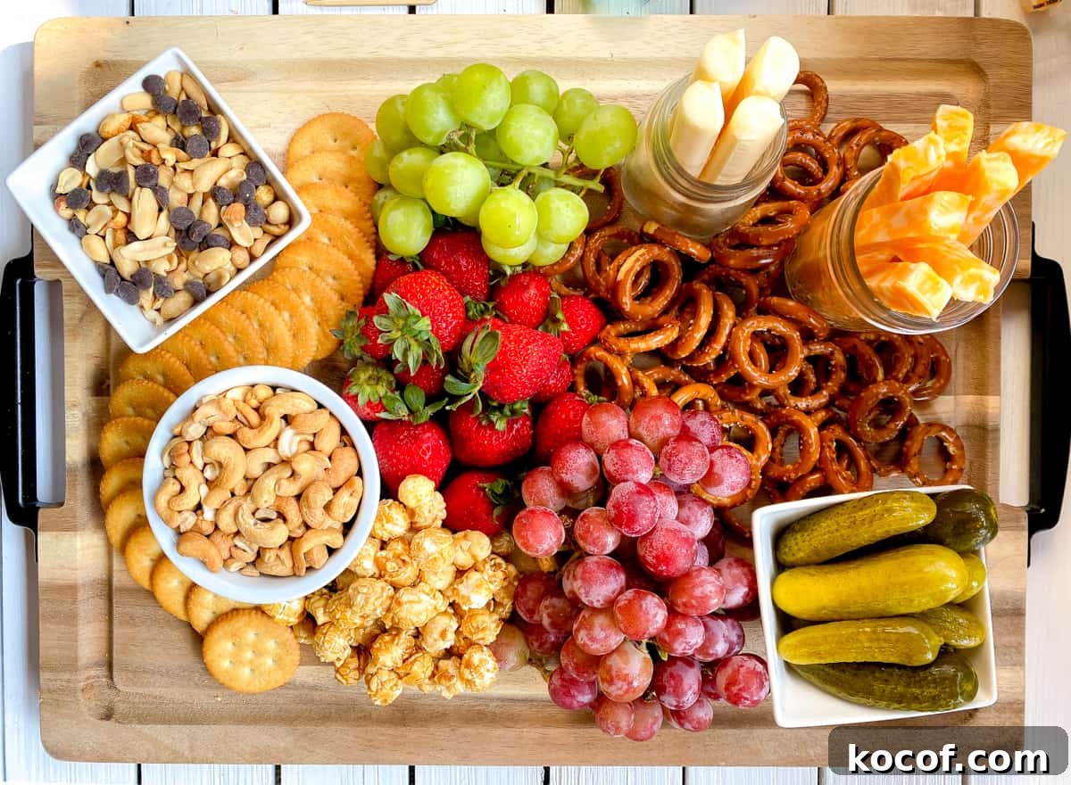 Large charcuterie board for kids with cheese, nuts, fruit and snacks.