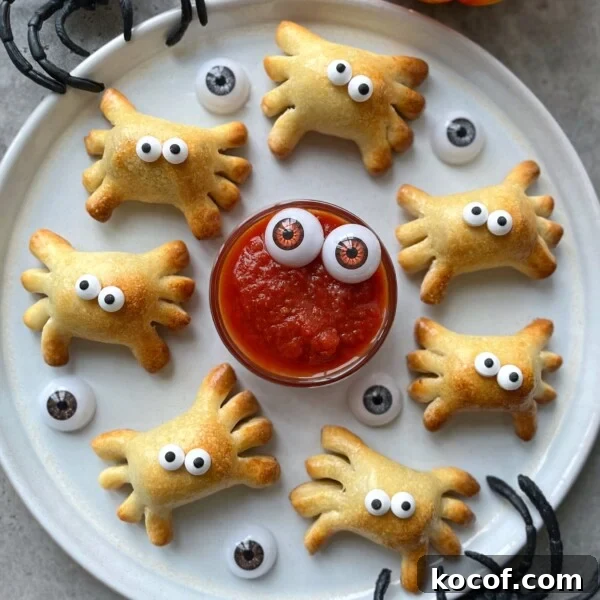A round white plate with eight Spider Sausage Rolls, each shaped like a spider and topped with candy eyes, arranged around a bowl of ketchup with two candy eyes. Fake eyeballs and decorative spider legs accent the plate.