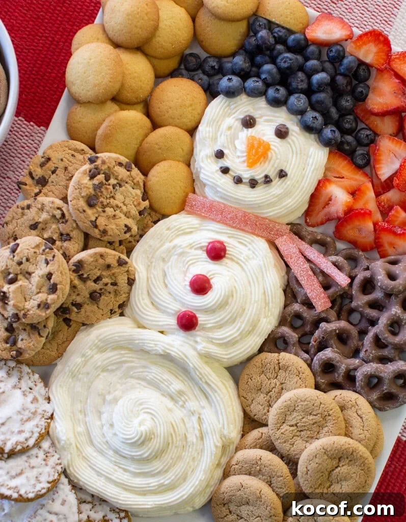 Snowman Cheesecake Dip Recipe for Holiday Parties 2 A festive dessert platter features a snowman made of swirled white frosting, decorated with blueberries, strawberries, candy, and surrounded by various cookies and chocolate-covered pretzels.