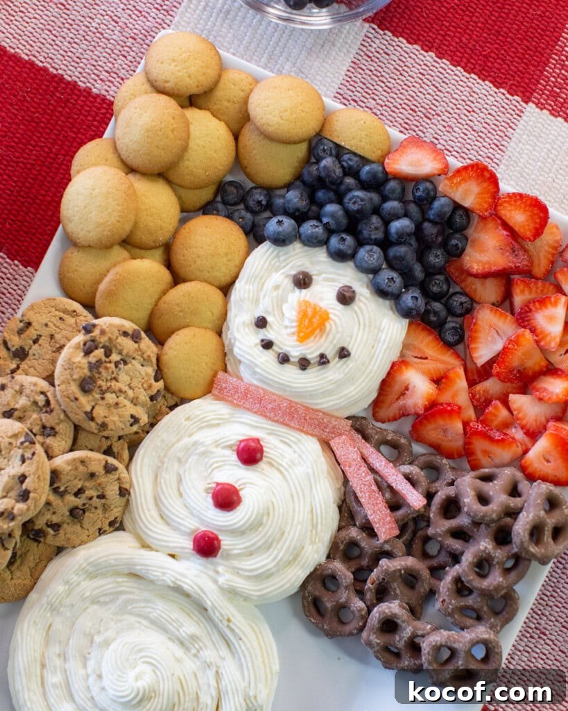 Snowman Cheesecake Dip Recipe for Holiday Parties 5 A dessert platter arranged as a snowman with white frosting, candy eyes, a licorice scarf, a blueberry hat, and a carrot-shaped nose, surrounded by cookies, vanilla wafers, strawberries, and chocolate-covered pretzels.