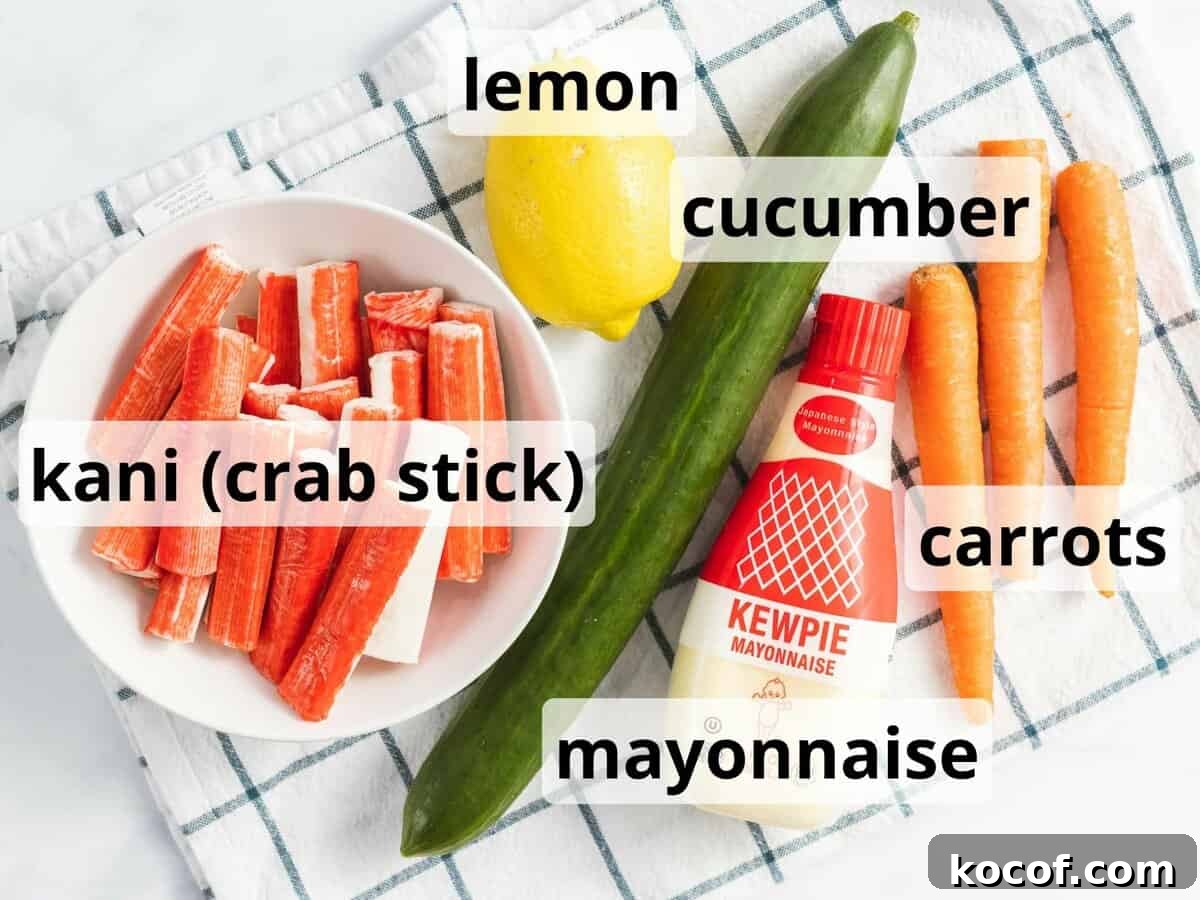 Crunchy Kani Salad Recipe with Crab Sticks and Fresh Veggies 3 Ingredients for kani salad.