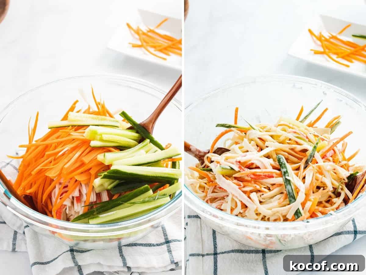 Crunchy Kani Salad Recipe with Crab Sticks and Fresh Veggies 6 Shredded crab stick, julienned carrots, and cucumbers tossed in mayo dressing.