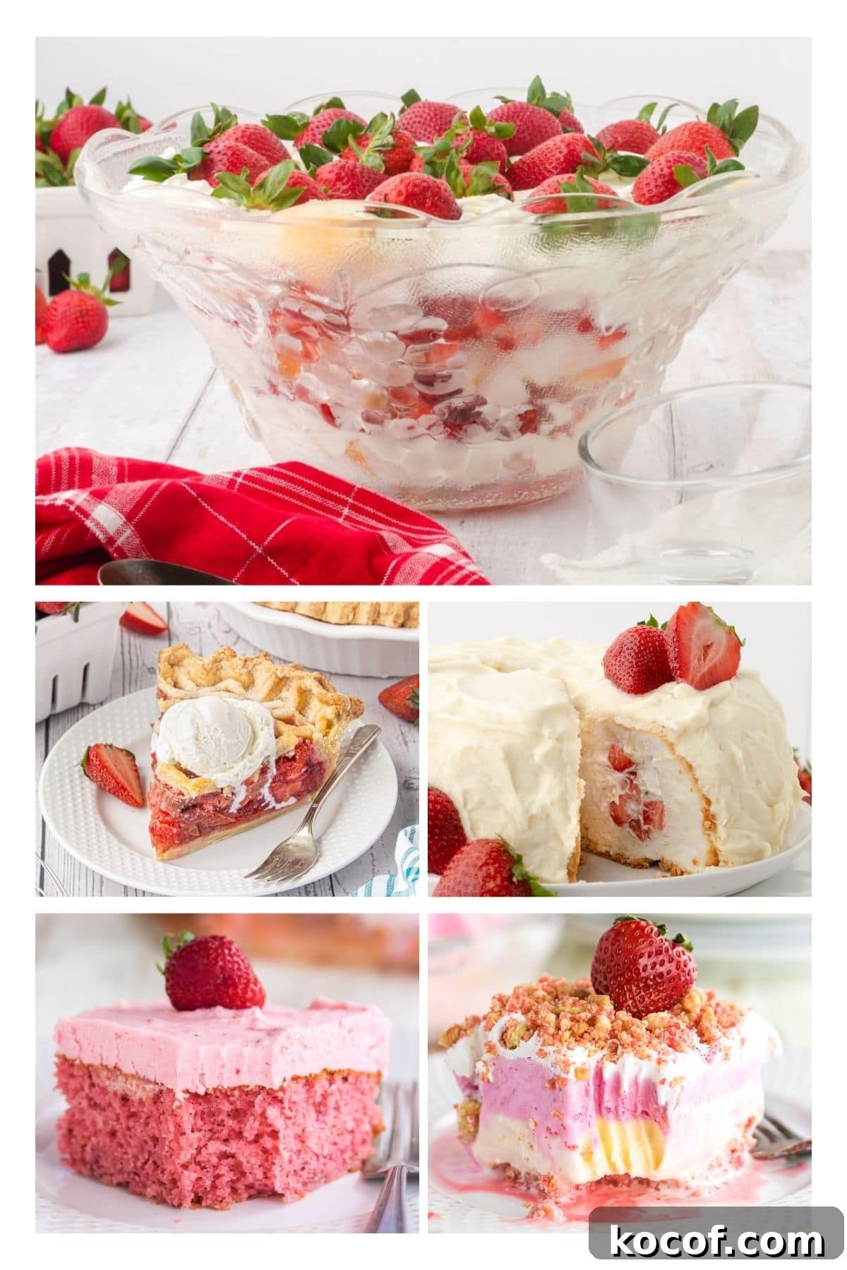 Classic Summer Strawberry Dessert Recipes You’ll Love 2 A collage of vintage strawberry desserts including strawberry punchbowl cake, strawberry rhubard pie, and strawberry cake.
