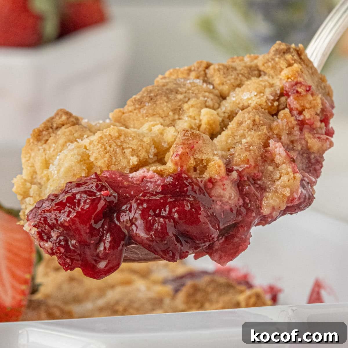 Classic Summer Strawberry Dessert Recipes You’ll Love 10 Close-up of strawberry cream cheese dump cake with golden crumb topping and juicy strawberry filling being lifted from a white casserole dish.