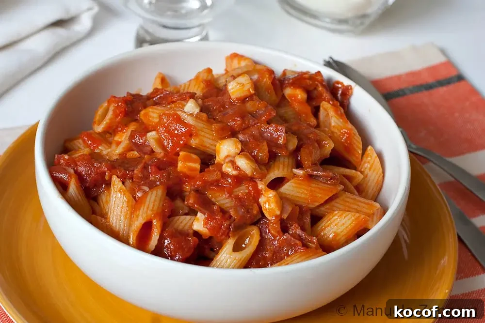 Served penne pasta coated in tomato sauce with chunks of salami and soft melted provolone.