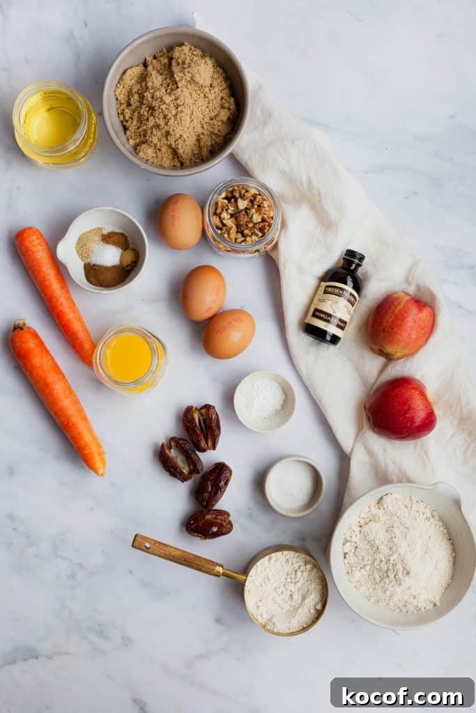 overhead view of ingredients needed for apple and walnut muffins