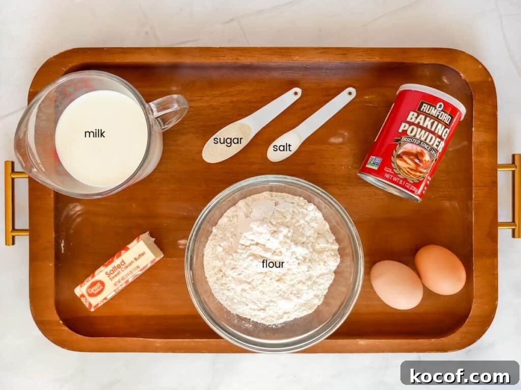 Ingredients: flour, sugar, butter, milk, eggs, baking powder, and salt.