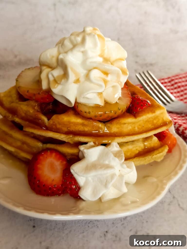 waffles topped with strawberries, whipped cream, and syrup.