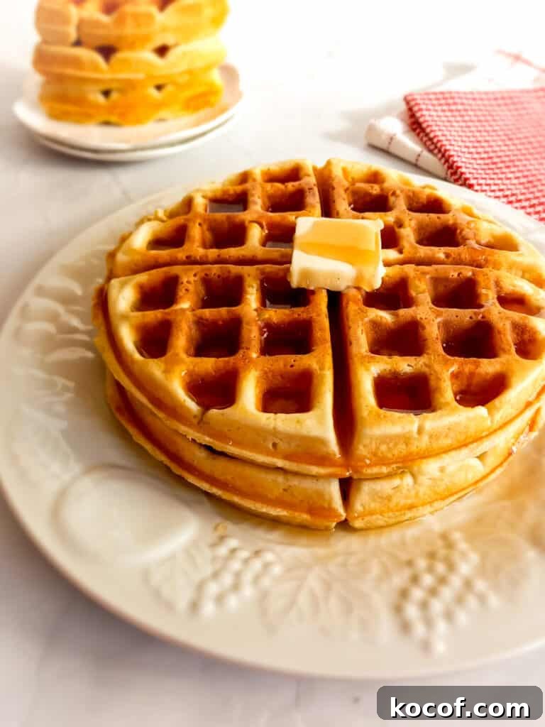 waffles stacked on a plate with butter and syrup on.