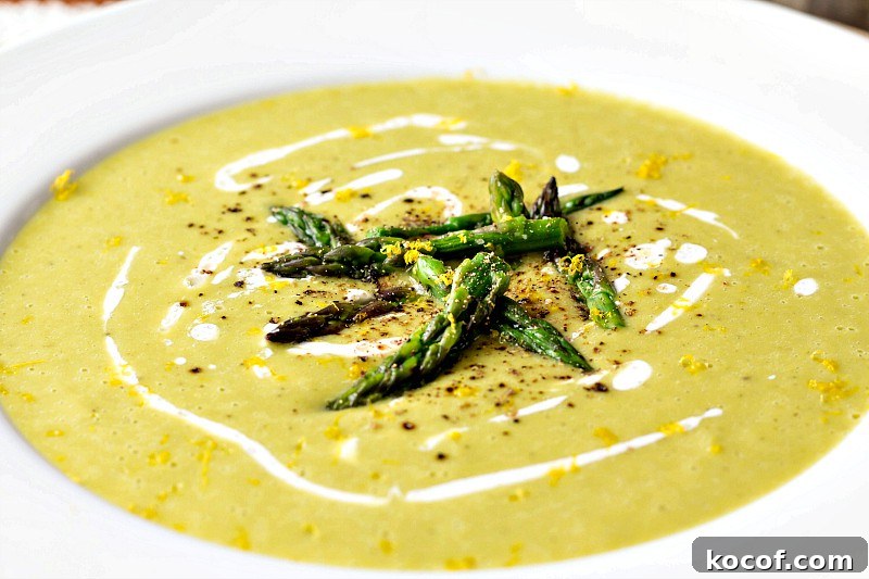 Lemon Asparagus Soup — Comforting Diabetes-Friendly Recipe 9 Close up of lemon asparagus soup.