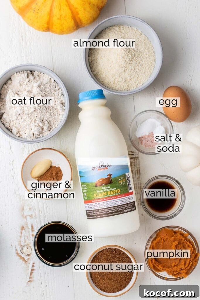 All the ingredients needed for these muffins shown labeled.