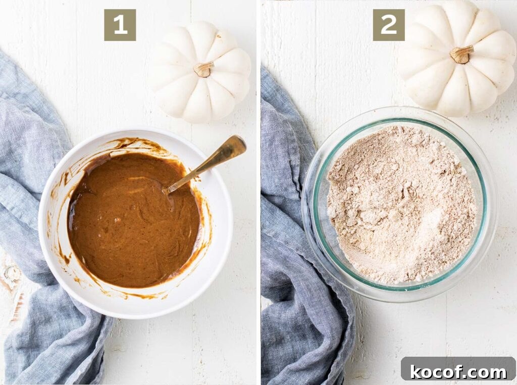 Step 1 shows mixing together the wet ingredients, and step 2 shows mixing the dry ingredients in a separate bowl.