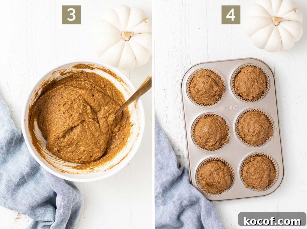 Step 3 shows mixing the wet and dry ingredients, and step 4 shows adding the batter to a muffin tin.
