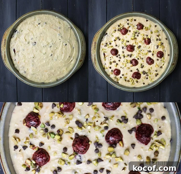 Cannoli-Inspired Breakfast Cake with Ricotta and Chocolate Chips 6 Triple overhead view of Easy Cannoli Breakfast Cake with unbaked batter in pan, unbaked batter in pan with cherries, pistachios and chocolate chips and a close up overhead view by The Merchant Baker